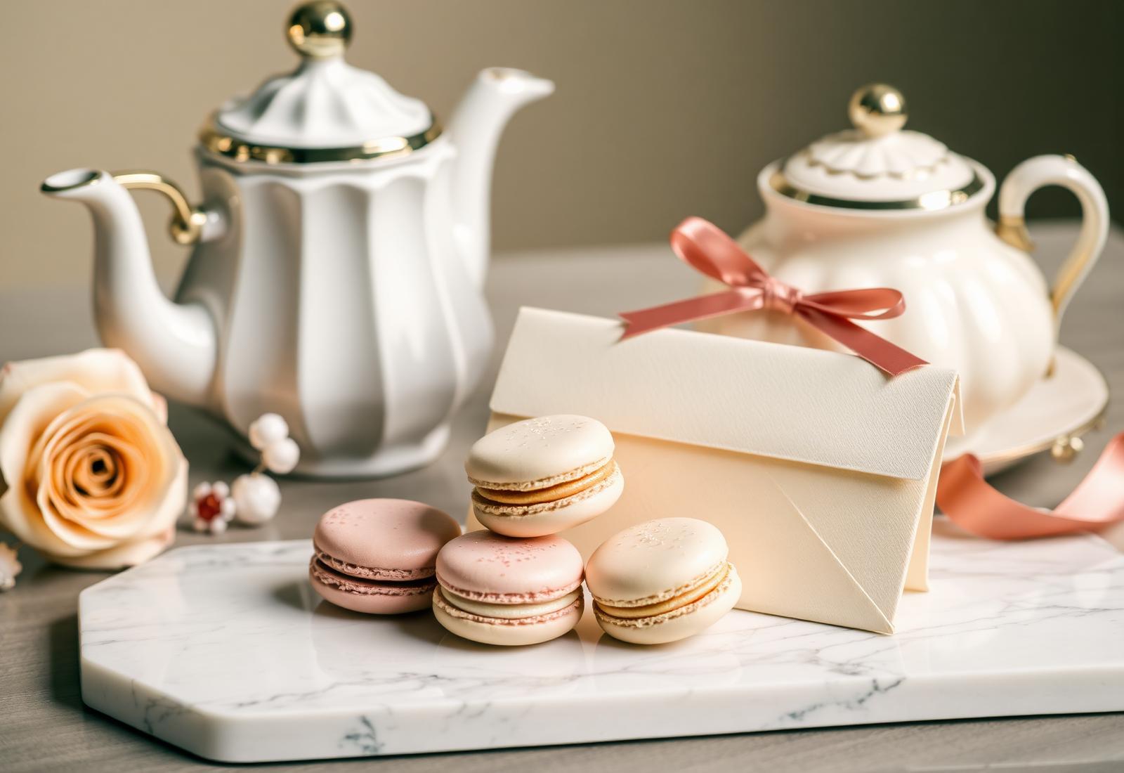 Carte cadeau crème nouée d'un ruban, macarons et théière en porcelaine